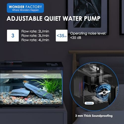 Adjustable quiet water pump with flow rate options and soundproofing features.