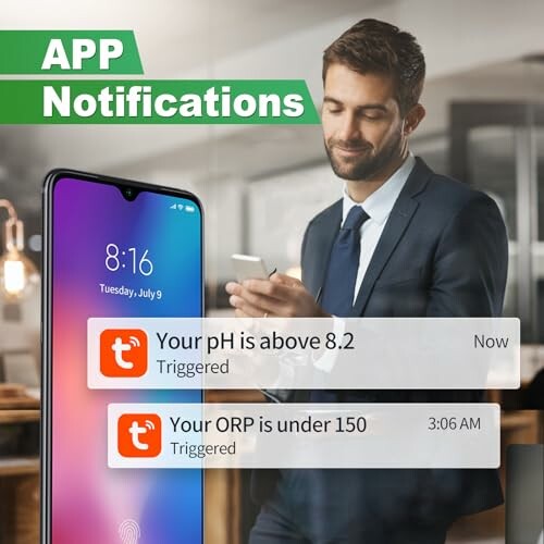 Smartphone displaying app notifications about pH and ORP levels.