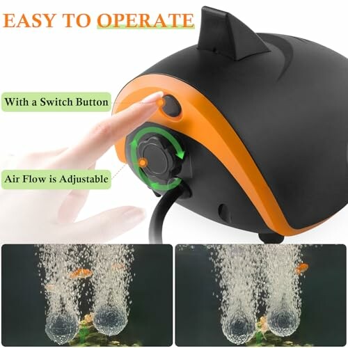 Aquarium air pump with adjustable airflow and switch button.
