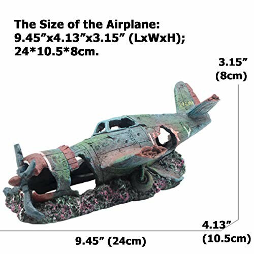 Aquarium decoration shaped like a vintage airplane with dimensions labeled.