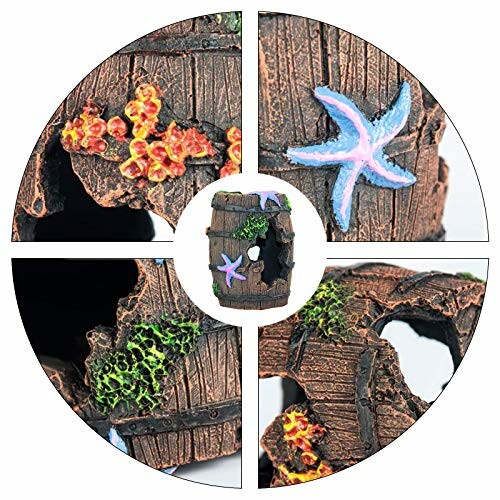 Decorative aquarium barrel with colorful coral and starfish.