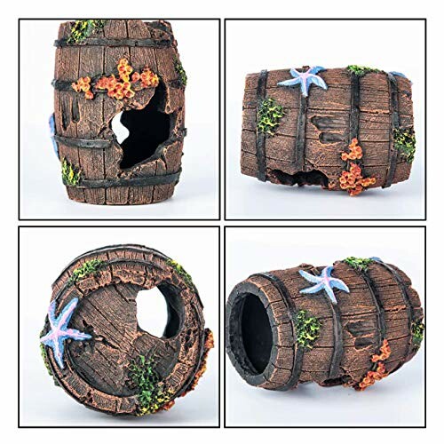 Decorative aquarium barrel with starfish and plants.