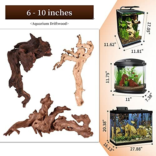 Assorted aquarium driftwood pieces with fish tank dimensions.