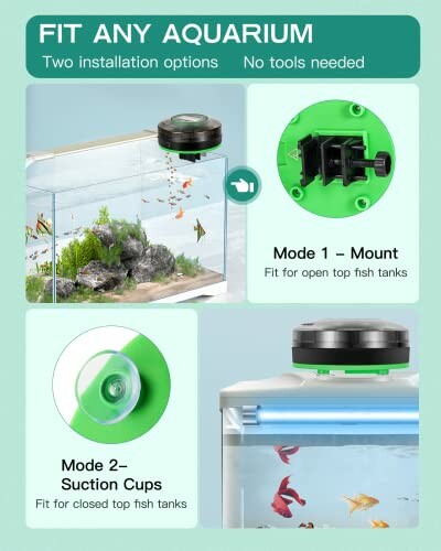 Aquarium feeder with mount and suction cup installation options.