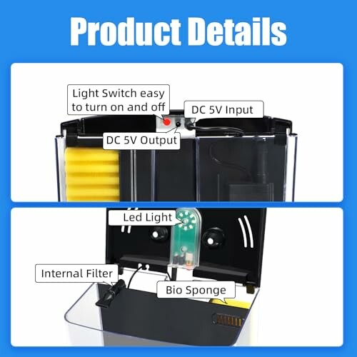 Aquarium filter product details showing DC 5V input and output, light switch, LED light, internal filter, and bio sponge.