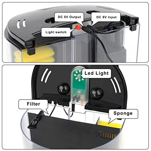 Diagram of an aquarium filter system with labeled components including DC 5V output, DC 5V input, light switch, LED light, filter, and sponge.