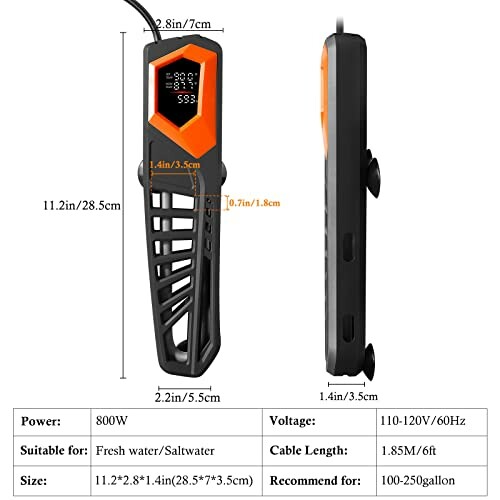 800W aquarium heater with dimensions and specifications.