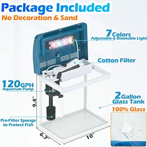 Aquarium kit with filter, light, and glass tank details.