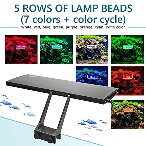 Aquarium light with 5 color options: white, red, blue, green, purple, orange, cyan, cycle color.