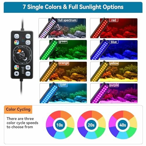 Aquarium light with 7 color options and color cycling feature.