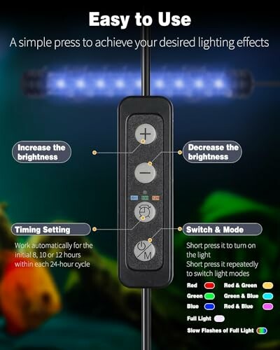 Aquarium light control instructions with buttons and settings.