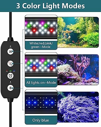 Aquarium light with three color modes: multi-color, all lights on, and blue.