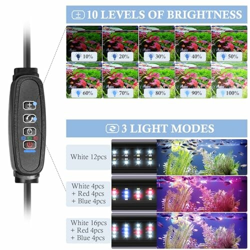 Aquarium light settings with brightness levels and modes.