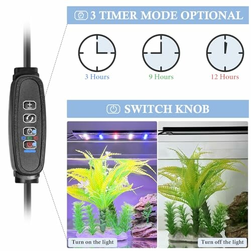 Aquarium light timer with switch knob and plant tank.