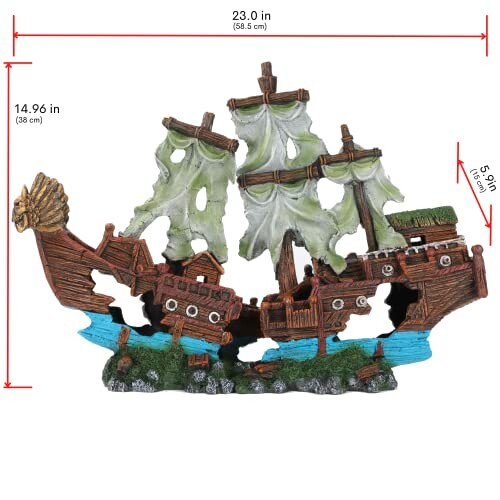 Pirate ship aquarium decoration with dimensions labeled.