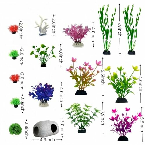 Assorted artificial aquarium plants and decorations with varying sizes.