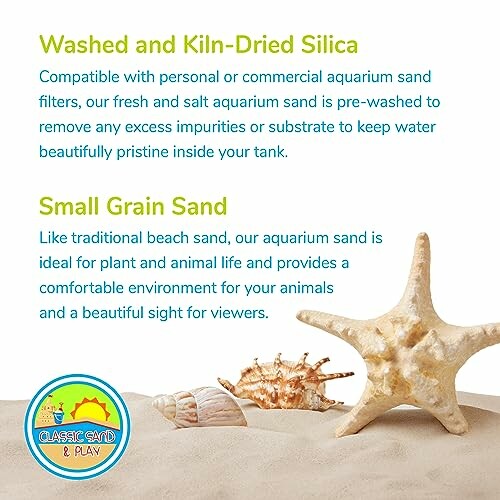 Aquarium sand benefits and features with shells and starfish.