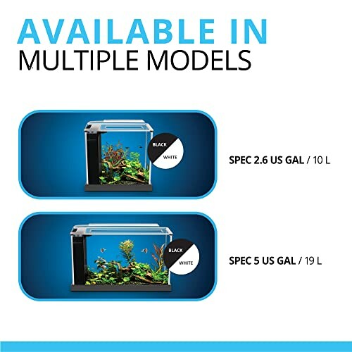 Two aquarium tanks with specifications: 2.6 US gallons and 5 US gallons, available in black and white.