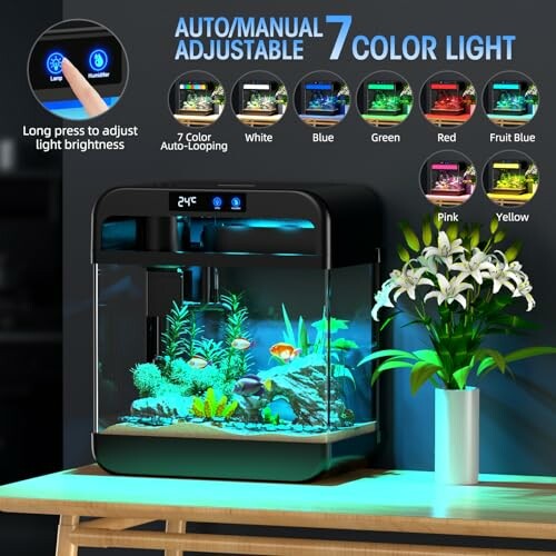 Aquarium with adjustable 7 color LED lights and plants.