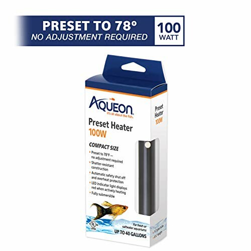 Aqueon preset heater 100W packaging with preset to 78 degrees feature.