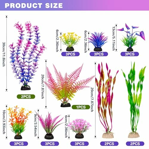 Assorted artificial aquarium plants with different sizes and colors.