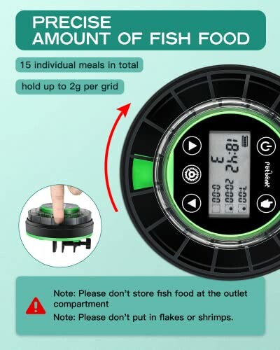 Automatic fish feeder with precise measurement display and instructions.