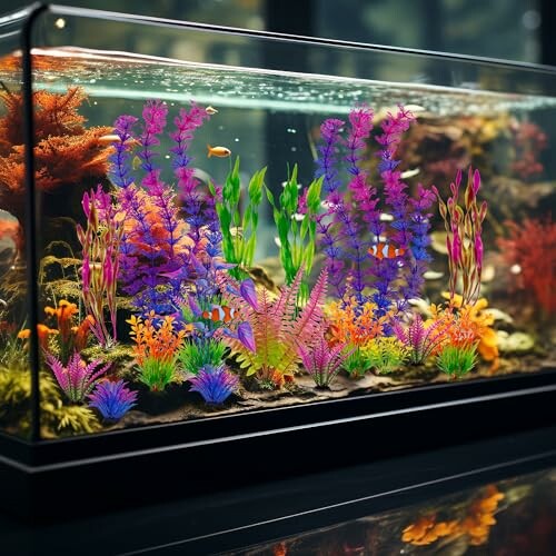 Vibrant aquarium with colorful artificial plants and small fish.