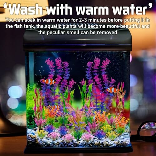 Decorative aquarium with colorful plants and fish, text about washing with warm water.