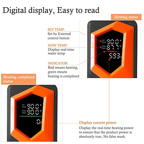 Digital display with temperature and power indicators on a heating system.