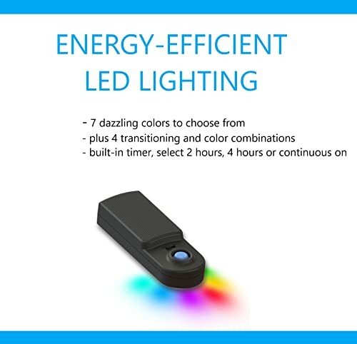 Energy-efficient LED lighting with color options and timer.