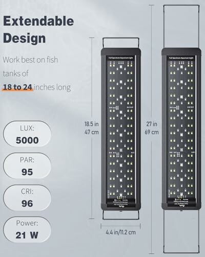 Extendable aquarium light for 18 to 24 inch fish tanks, 21W power.
