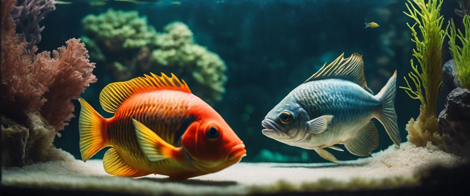 A fish hiding behind decorations