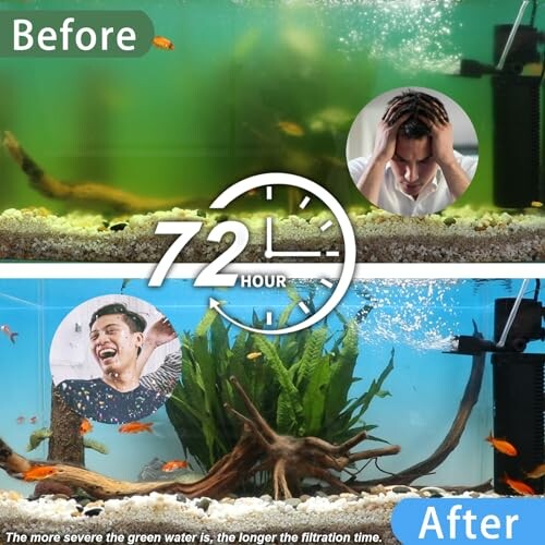 Fish tank before and after cleaning, with clear water and happy person.