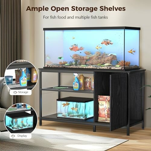 Aquarium with ample open storage shelves for fish food and tanks.