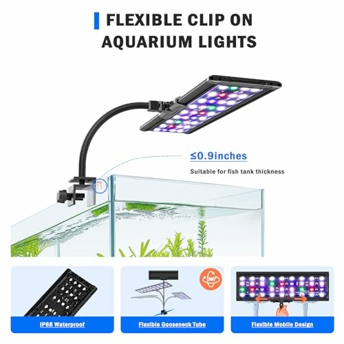 Flexible clip-on aquarium light with adjustable gooseneck and waterproof design.