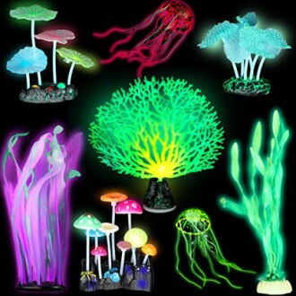 Assorted glowing aquarium decorations including jellyfish, plants, and mushrooms.