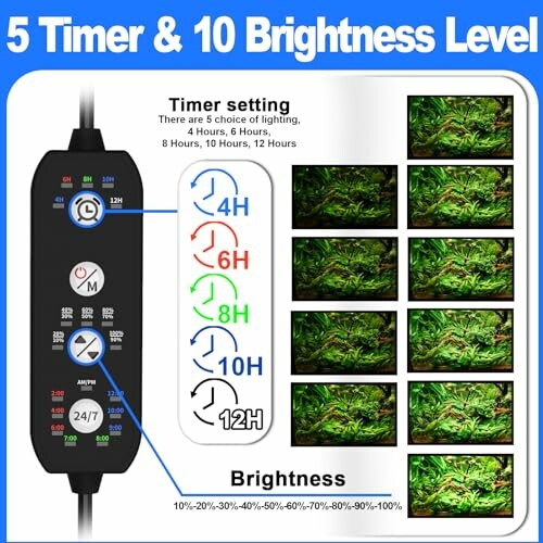 LED light timer and brightness settings with plant images