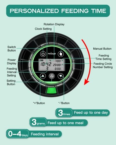 Pet feeder control panel with settings for feeding time and intervals.