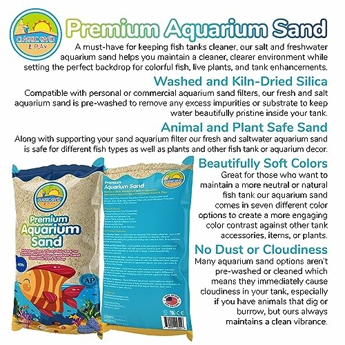 Premium aquarium sand packaging and benefits description.