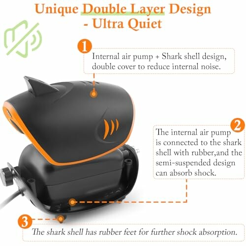 Double layer air pump design with shark shell reducing noise and absorbing shock.