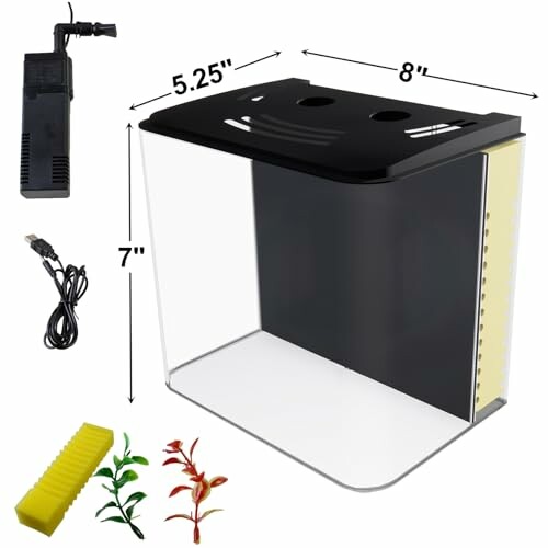 Compact aquarium kit with filter, USB cable, and artificial plants.