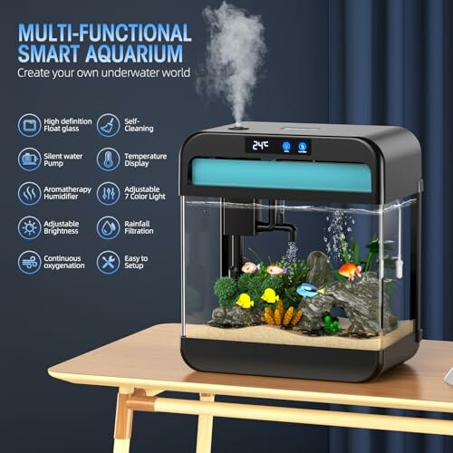 Multi-functional smart aquarium with digital features on a table.