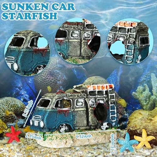 Aquarium decoration featuring a sunken car surrounded by starfish and coral.