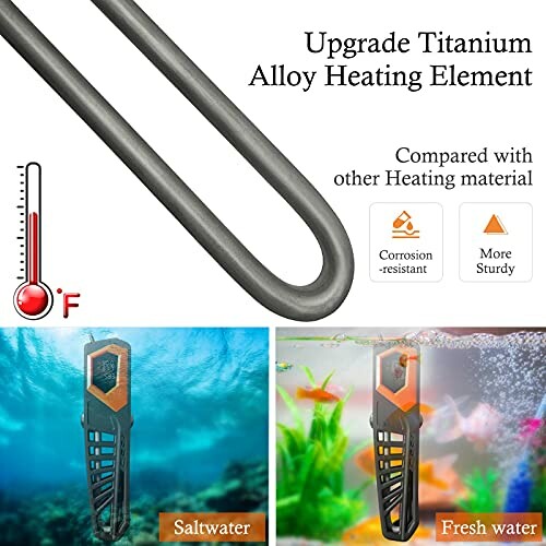 Titanium alloy heating element for aquariums, corrosion-resistant and sturdy, suitable for saltwater and freshwater.