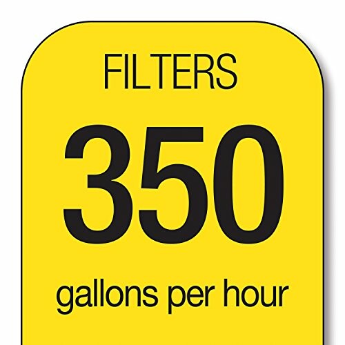 Yellow sign displaying 'Filters 350 gallons per hour'